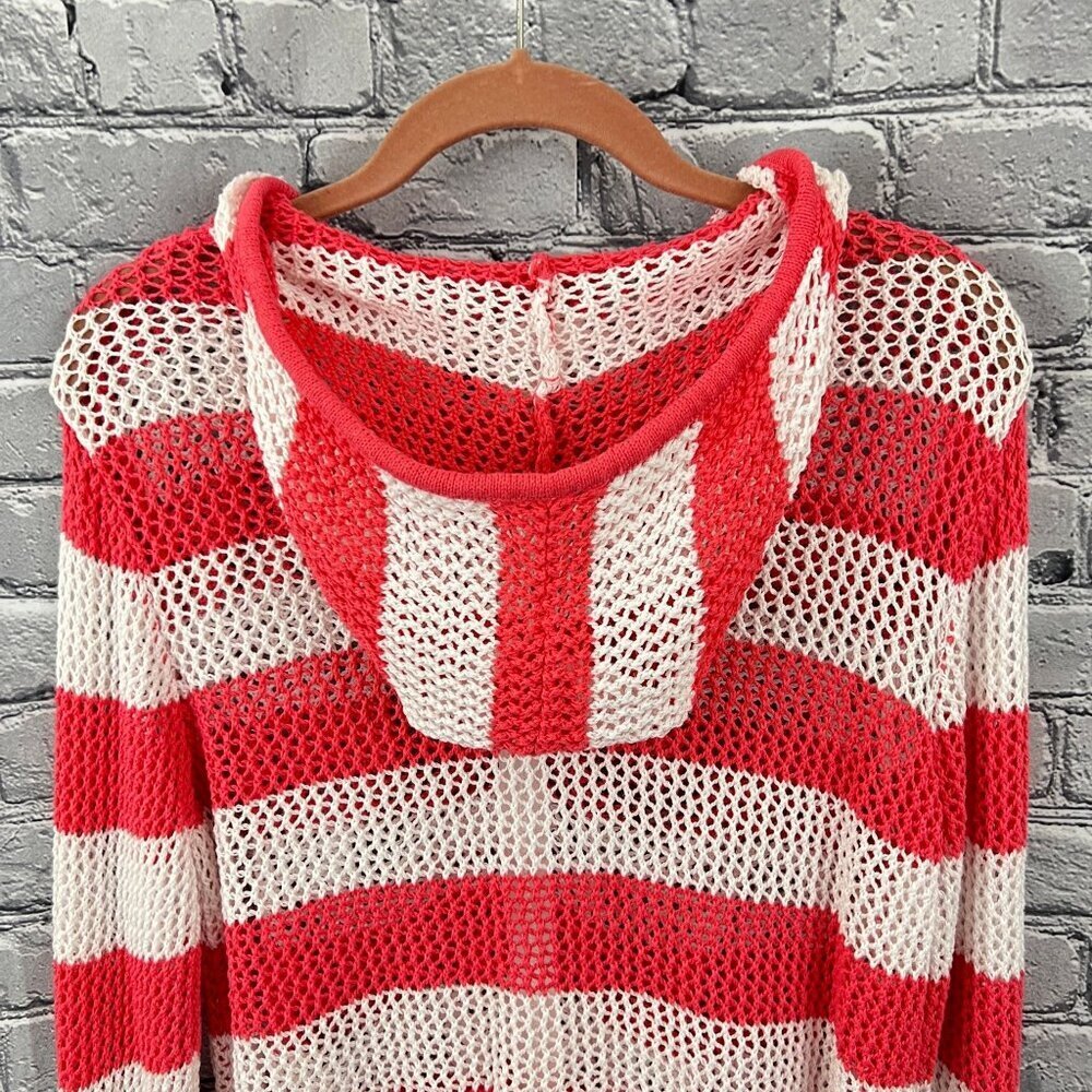 Quacker Factory Womens Plus 1X  Knit Swim Cover Up Stripe Hoodie Pink  White - Picture 5 of 6